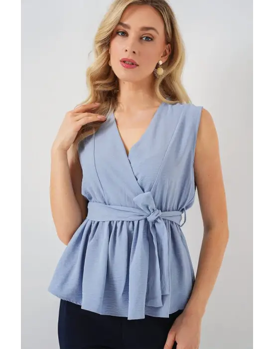 Kruvaze Yaka Kolsuz Bluz 966 - Mavi