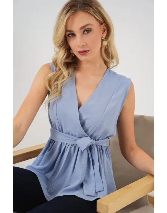 Kruvaze Yaka Kolsuz Bluz 966 - Mavi