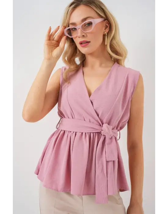 Kruvaze Yaka Kolsuz Bluz 966 - Pudra