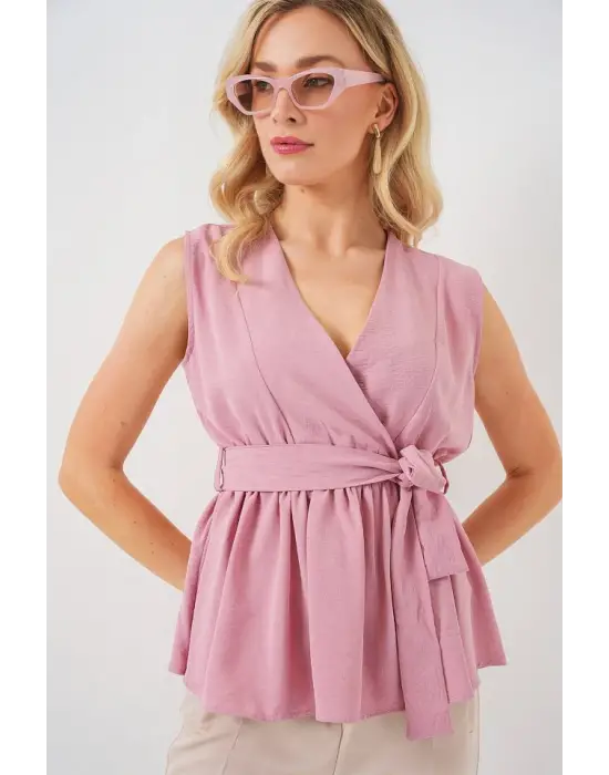 Kruvaze Yaka Kolsuz Bluz 966 - Pudra