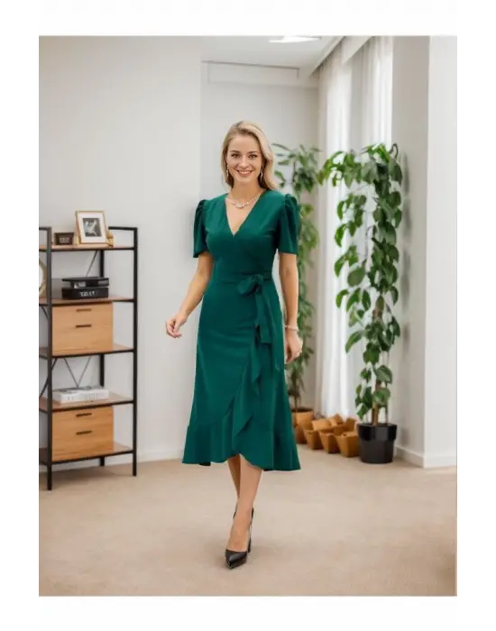 Omarı Şık Kadın Midi Boy Kuşaklı Elbise