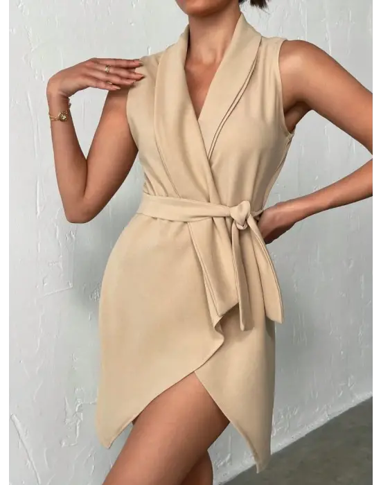 Kruvaze Yaka Kuşaklı Krep Kumaş Elbise