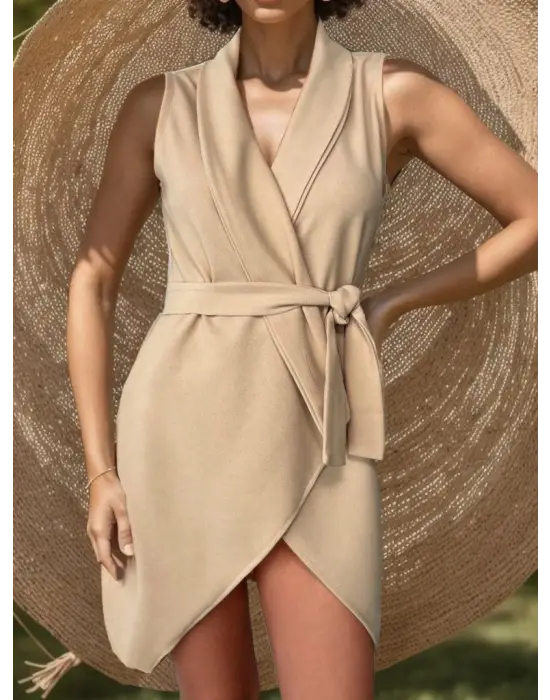 Kruvaze Yaka Kuşaklı Krep Kumaş Elbise