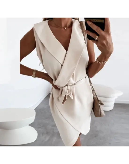 Kruvaze Yaka Kuşaklı Krep Kumaş Elbise