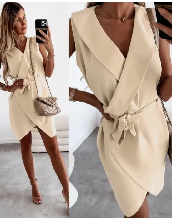 Kruvaze Yaka Kuşaklı Krep Kumaş Elbise