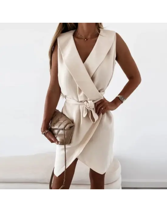 Kruvaze Yaka Kuşaklı Krep Kumaş Elbise