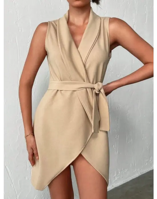 Kruvaze Yaka Kuşaklı Krep Kumaş Elbise