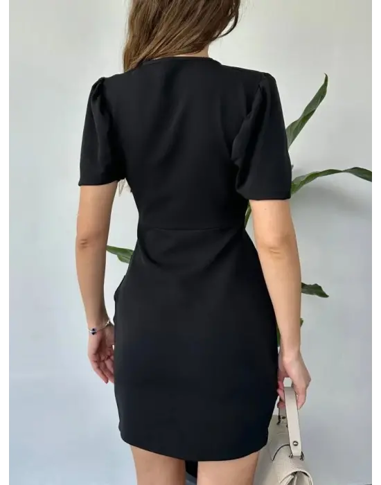 Kruvaze Yaka Omuzu Büzgülü Kat Kat Elbise -Siyah