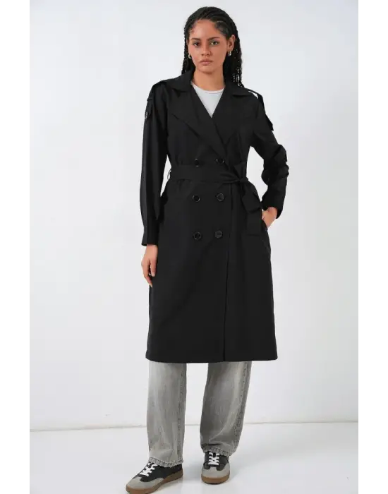 Kruvaze Yaka Trençkot 5978 - Siyah
