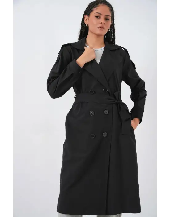 Kruvaze Yaka Trençkot 5978 - Siyah