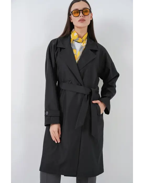 Kruvaze Yaka Trençkot 5987 - Siyah