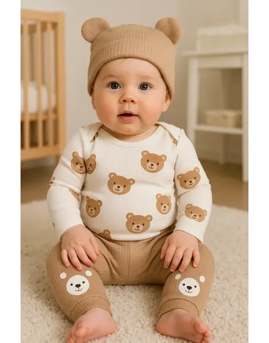 Kulaklı Ayıcık % 100 Pamuk 3lü Erkek Bebek Takım