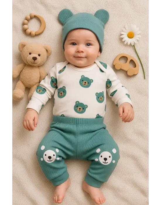 Kulaklı Ayıcık % 100 Pamuk 3lü Erkek Bebek Takım