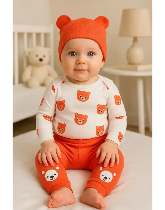 Kulaklı Ayıcık % 100 Pamuk 3lü Erkek Bebek Takım