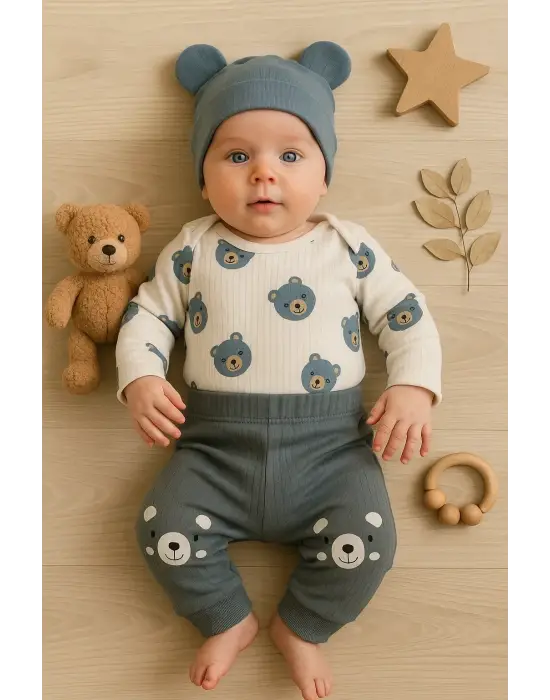 Kulaklı Ayıcık % 100 Pamuk 3lü Erkek Bebek Takım