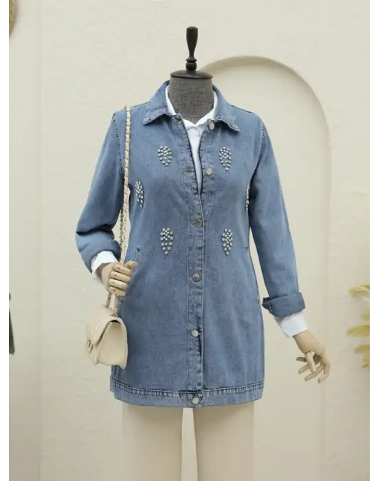 Küme Taş Detaylı Düğmeli Kot Ceket -Buz Mavi