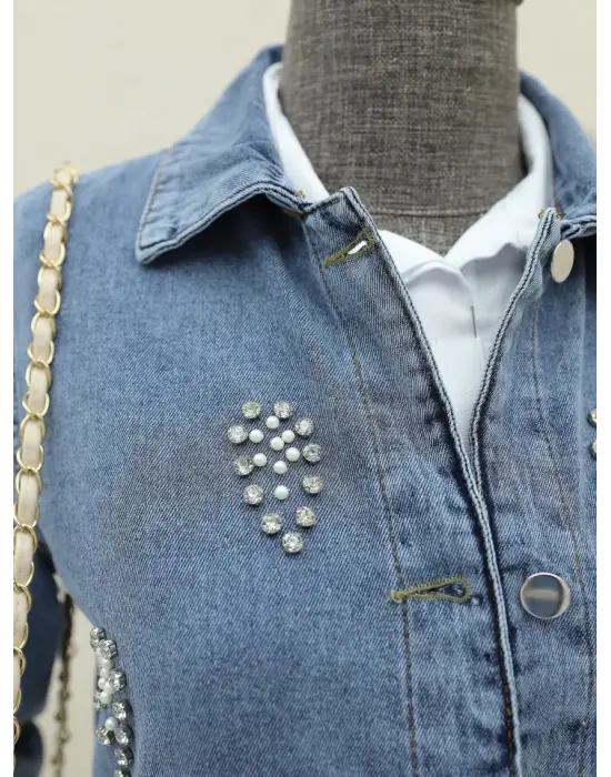 Omarı Taş Detaylı Düğmeli Kot Ceket - Buz Mavi