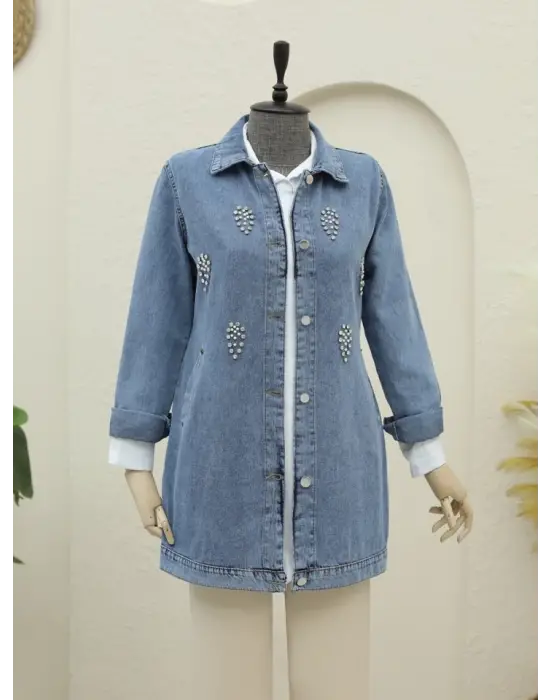 Omarı Taş Detaylı Düğmeli Kot Ceket - Buz Mavi