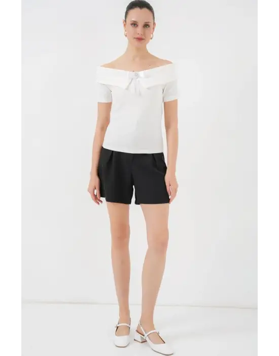 Kurdele Detaylı Örme Bluz 949 - Beyaz
