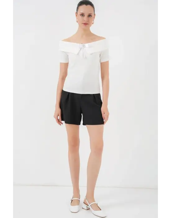 Kurdele Detaylı Örme Bluz 949 - Beyaz