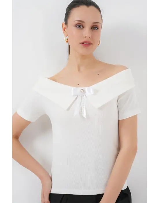Kurdele Detaylı Örme Bluz 949 - Beyaz