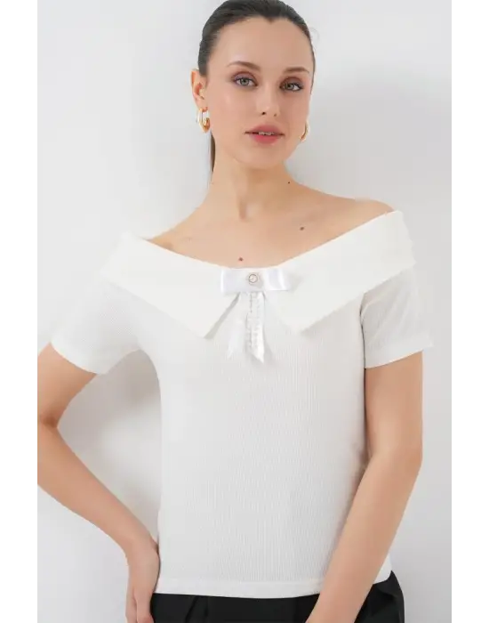 Kurdele Detaylı Örme Bluz 949 - Beyaz