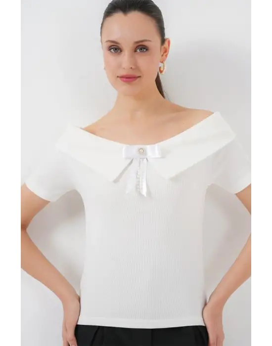 Kurdele Detaylı Örme Bluz 949 - Beyaz