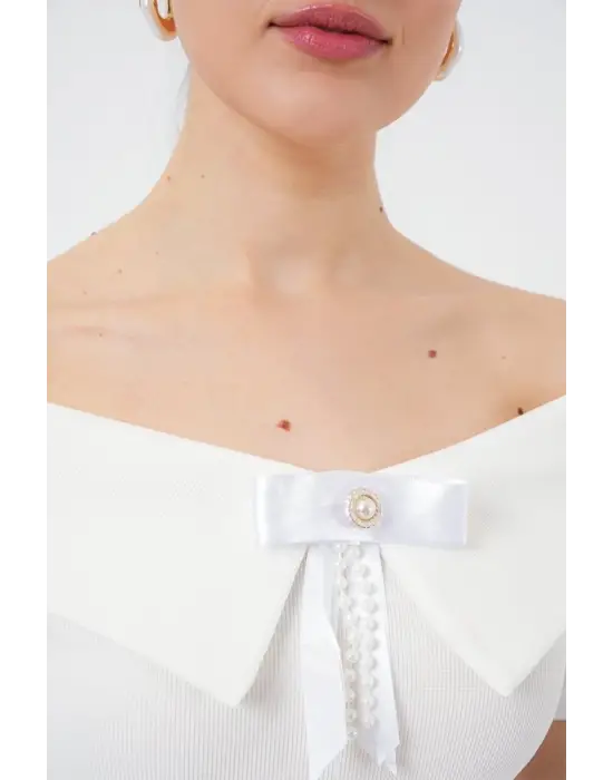 Kurdele Detaylı Örme Bluz 949 - Beyaz