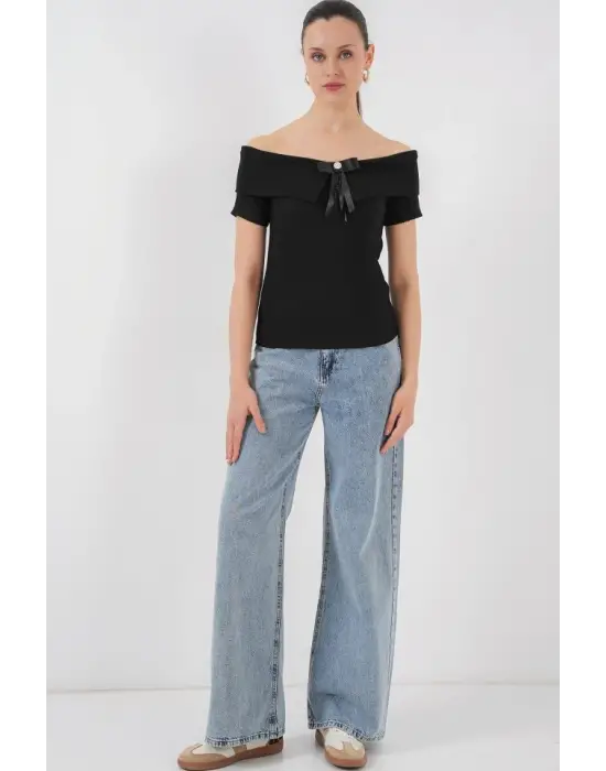 Kurdele Detaylı Örme Bluz 949 - Siyah