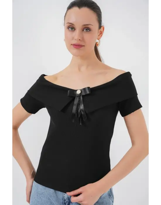 Kurdele Detaylı Örme Bluz 949 - Siyah