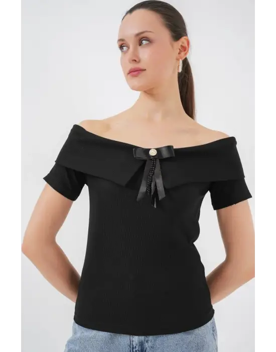 Kurdele Detaylı Örme Bluz 949 - Siyah