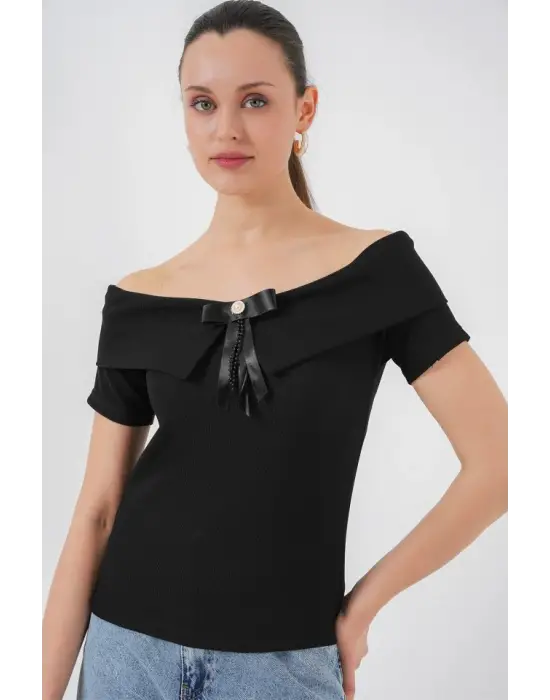 Kurdele Detaylı Örme Bluz 949 - Siyah