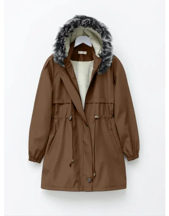 Kürklü Çıkma Kapşonlu Bağcıklı Bondit Kaban -Taba