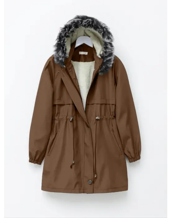 Omarı Sıcak Tutucu Kürklü Kapşonlu Kaban - Taba