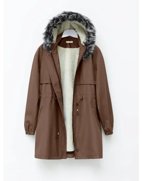 Kürklü Çıkma Kapşonlu Bağcıklı Bondit Kaban -Taba