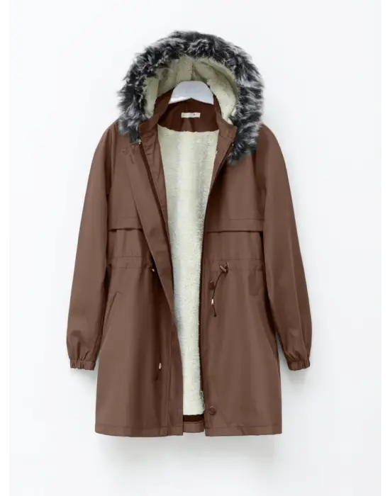 Omarı Sıcak Tutucu Kürklü Kapşonlu Kaban - Taba