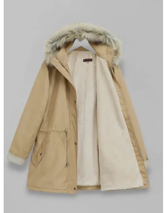 Kürklü Çıkma Kapşonlu İçi Peluşlu Mont -Vizon