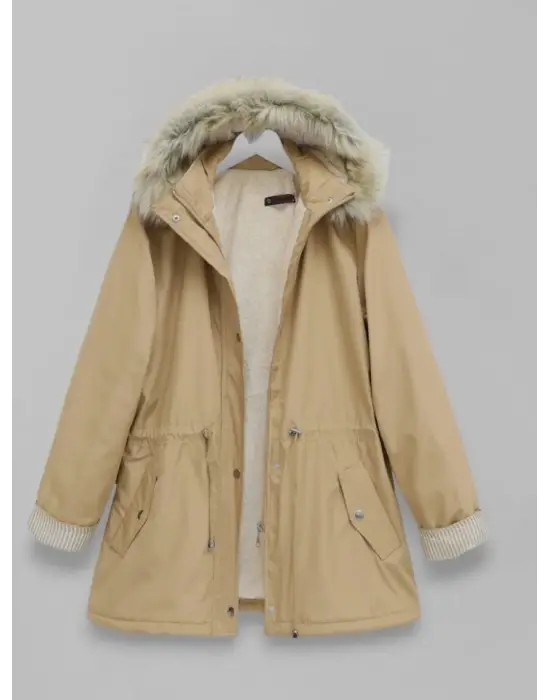 Omarı Yumuşak Peluşlu Kürklü Mont -Vizon