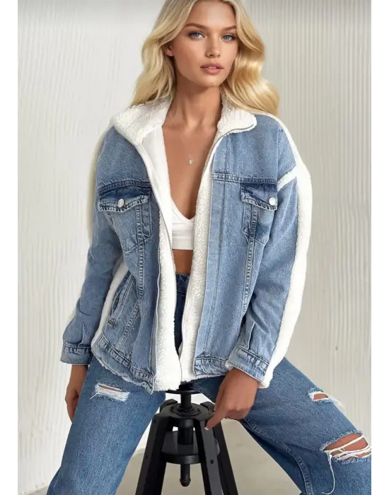 Kürklü kot ceket mavi t7009