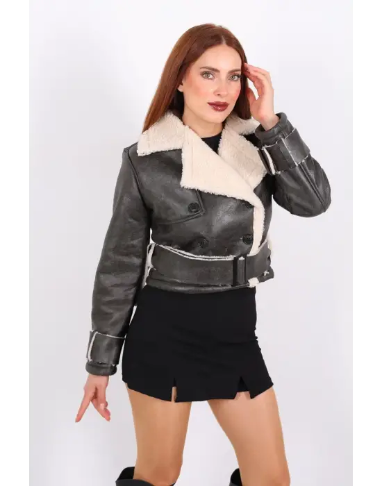 Kürklü Suni Deri Kemerli Haki Kadın Kısa Mont T1256