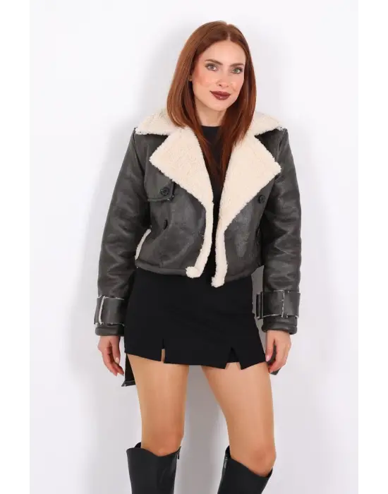 Kürklü Suni Deri Kemerli Haki Kadın Kısa Mont T1256