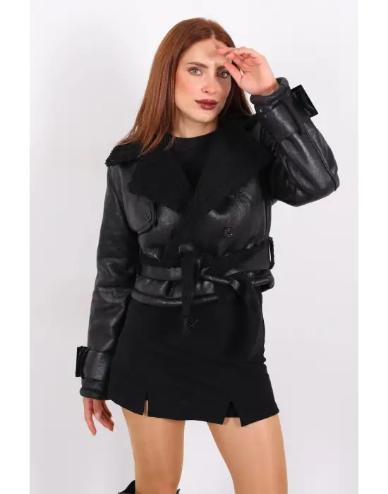 Kürklü Suni Deri Kemerli siyah Kadın Kısa Mont T1256