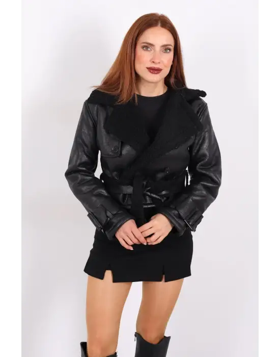 Kürklü Suni Deri Kemerli siyah Kadın Kısa Mont T1256