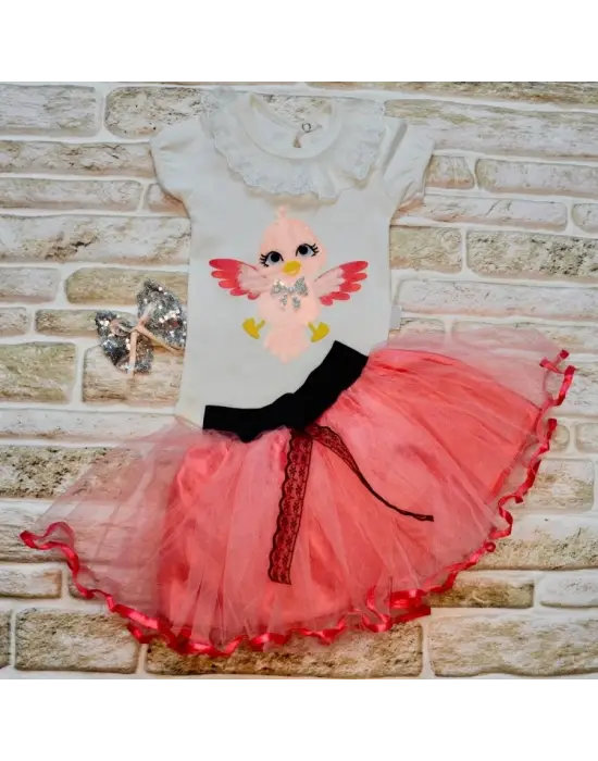 Omarı Kuş Desenli Tütü Etekli Kız Bebek Takımı