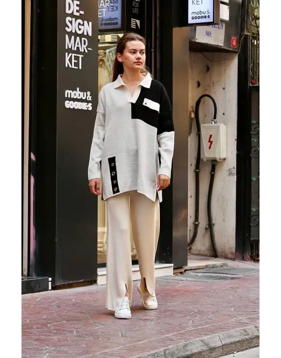 Omarı Minimalist Beyaz Kuş Gözü Triko Takım