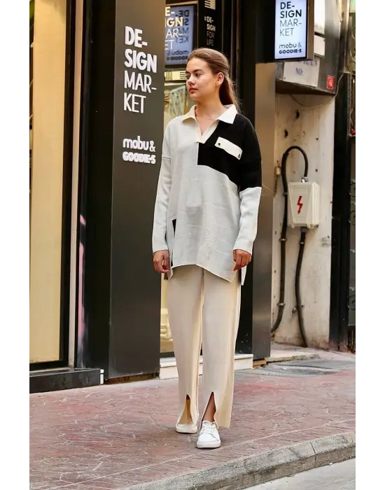 Omarı Minimalist Beyaz Kuş Gözü Triko Takım