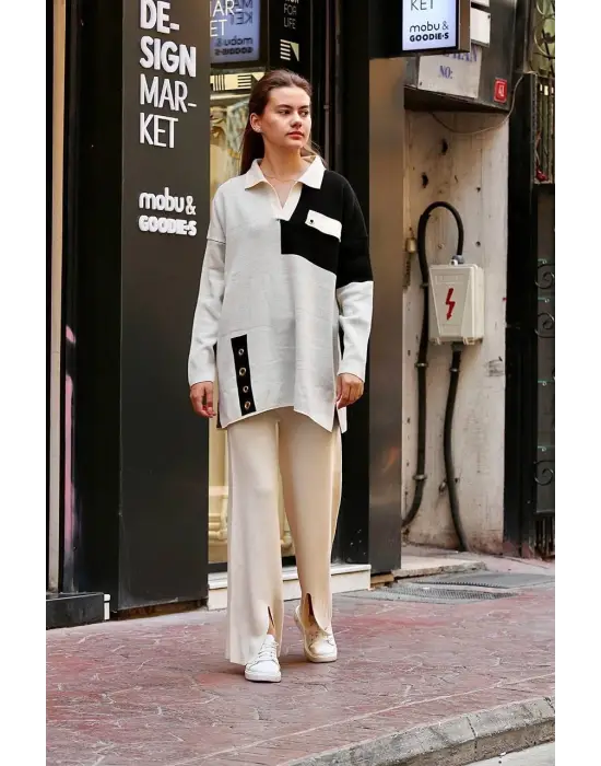 Kuş gözü triko takım Beyaz