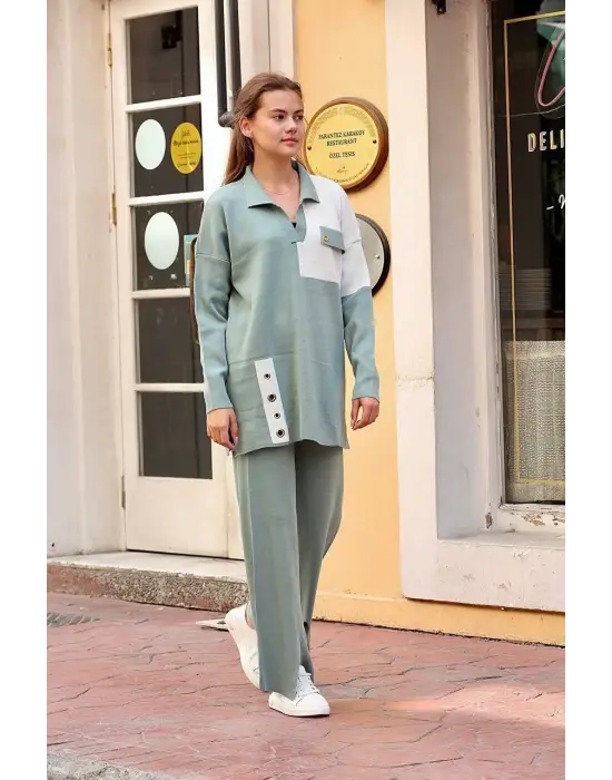 Omarı Mint Renkli Kuş Gözü Triko Takım