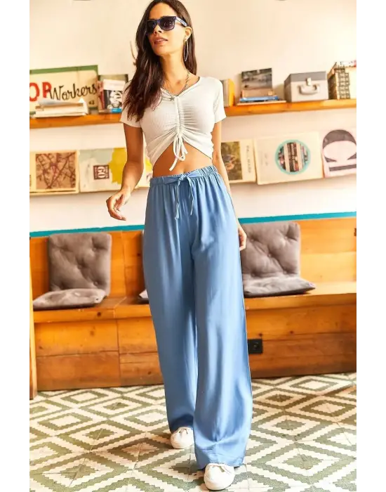 Omarı Mavi Dokuma Viscon Kuşaklı Palazzo Pantolon