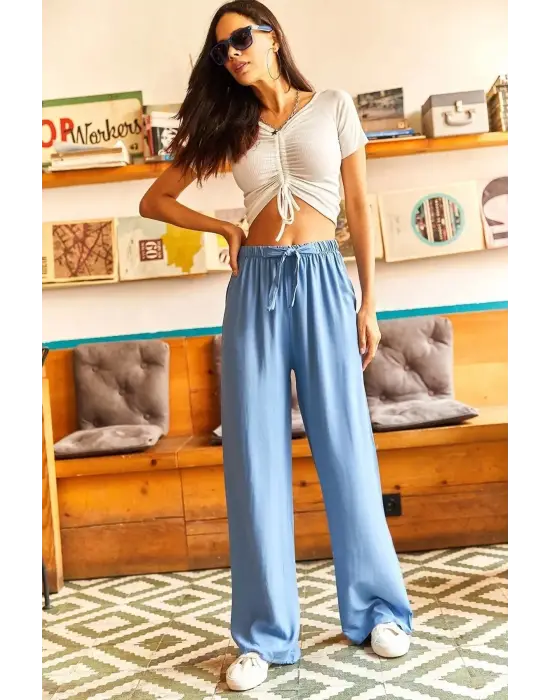 Omarı Mavi Dokuma Viscon Kuşaklı Palazzo Pantolon